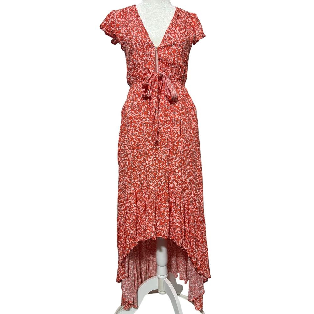 Vici Orange Coral White Leaf Print Hi-Low Hem V Neck Midi Dress Size Med